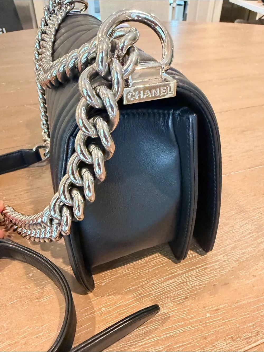 CHANEL Black Chevron Quilted Le Boy Bag with rare Silver-Tone Hardware